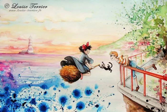 Kiki's Delivery Service Indian Ink Painting By Louise Terrier