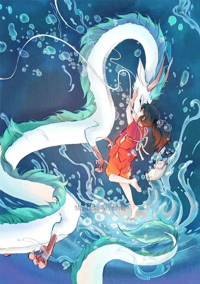 Floating River Haku And Chihiro Mixed Media Painting By Mariposa Nocturna