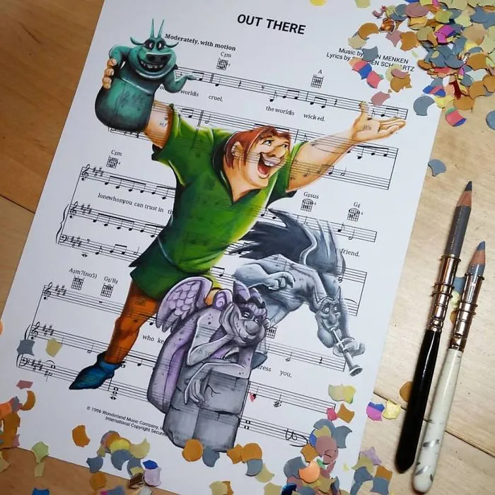 I Draw Scenes From Famous Animated Movies On Music Sheets Of Their Theme Songs