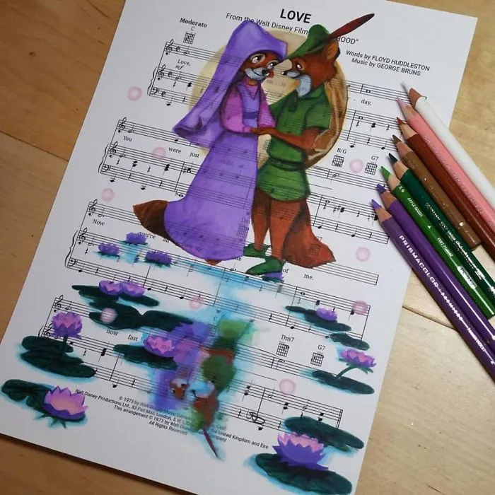 I Draw Scenes From Famous Animated Movies On Music Sheets Of Their Theme Songs