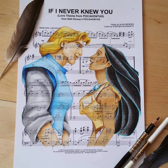 I Draw Scenes From Famous Animated Movies On Music Sheets Of Their Theme Songs