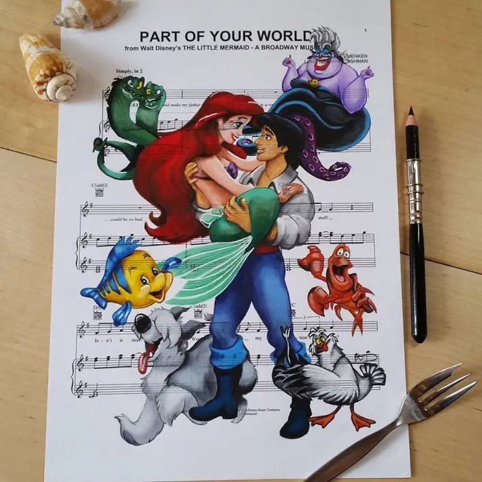 I Draw Scenes From Famous Animated Movies On Music Sheets Of Their Theme Songs