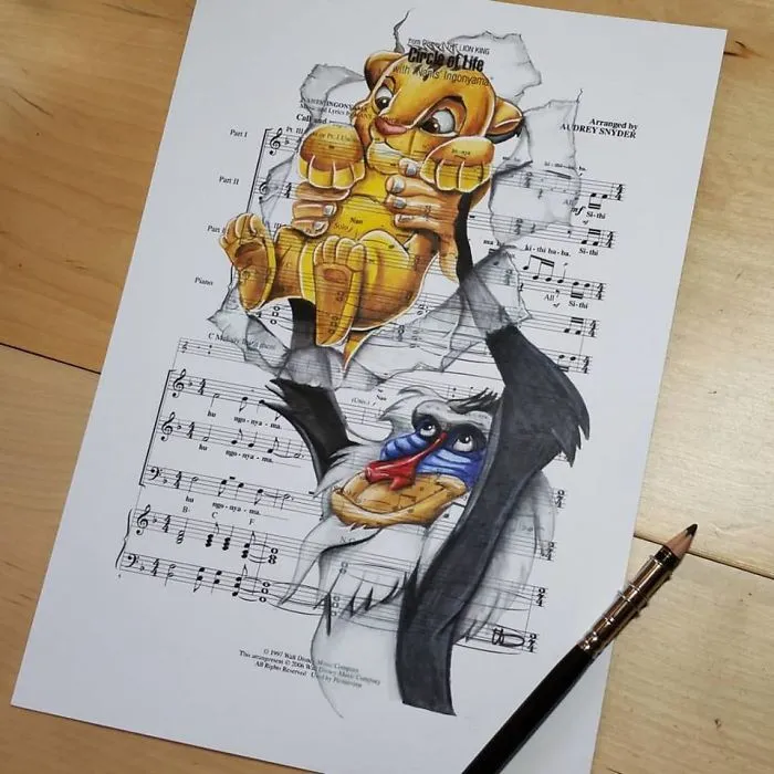 I Draw Scenes From Famous Animated Movies On Music Sheets Of Their Theme Songs