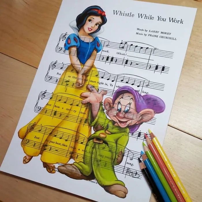 I Draw Scenes From Famous Animated Movies On Music Sheets Of Their Theme Songs