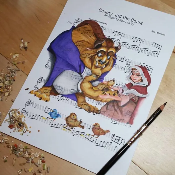 I Draw Scenes From Famous Animated Movies On Music Sheets Of Their Theme Songs