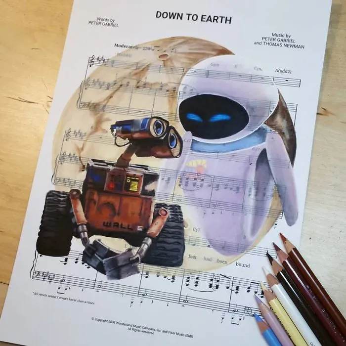 I Draw Scenes From Famous Animated Movies On Music Sheets Of Their Theme Songs