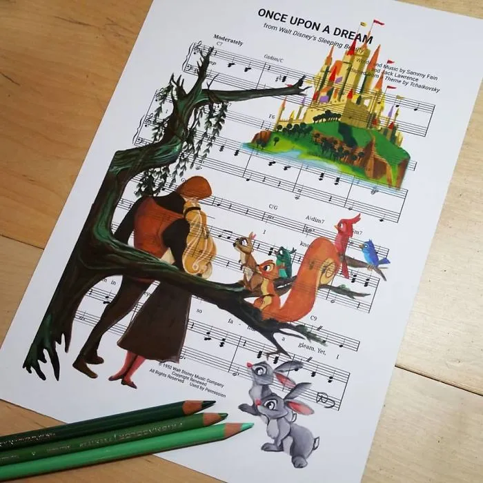 I Draw Scenes From Famous Animated Movies On Music Sheets Of Their Theme Songs