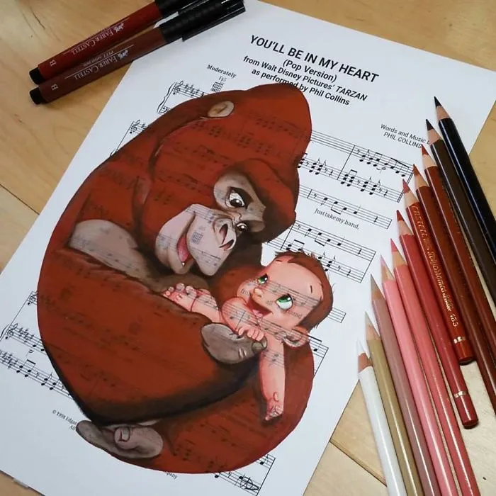 I Draw Scenes From Famous Animated Movies On Music Sheets Of Their Theme Songs