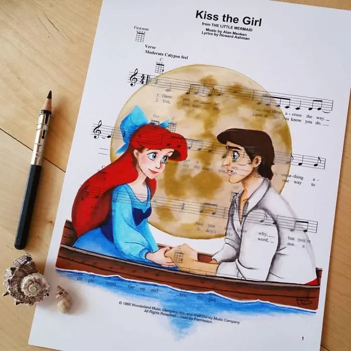 I Draw Scenes From Famous Animated Movies On Music Sheets Of Their Theme Songs