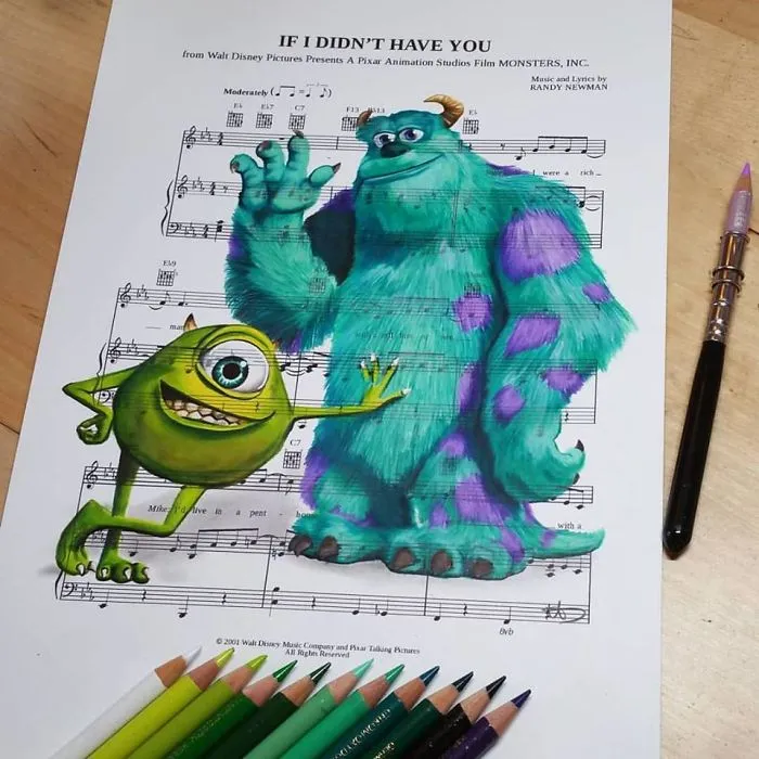 I Draw Scenes From Famous Animated Movies On Music Sheets Of Their Theme Songs