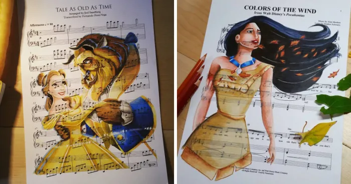 I Draw Scenes From Famous Animated Movies On Music Sheets Of Their Theme Songs