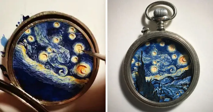 I Created A 'Starry Night' Miniature Painting Inside A Vintage Pocket Watch