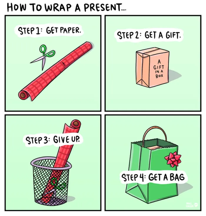 Comic showing a funny way to wrap Christmas presents: steps lead to giving up and using a gift bag.