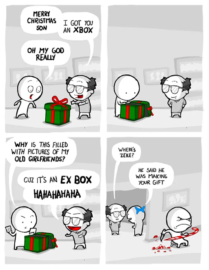 Funny Christmas comic about a prank gift of an "EX Box," referencing old girlfriends, leading to a humorous reaction.