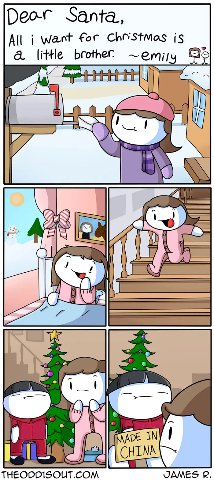 Cartoon of a girl asking Santa for a little brother, surprised by a "Made in China" tag on Christmas morning.