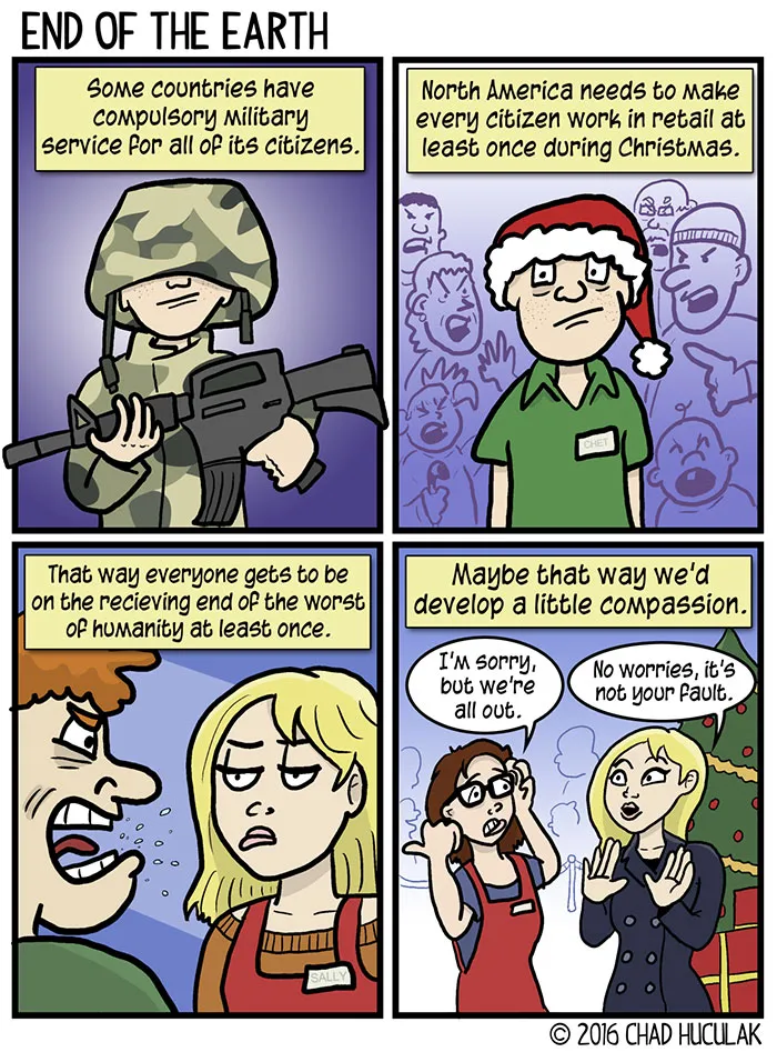 Four-panel Christmas comic about retail work with military service comparison and a message of compassion.