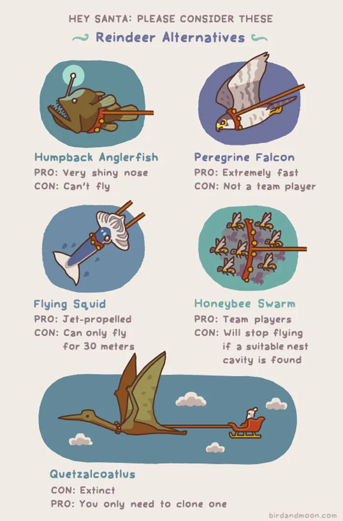 Funny Christmas comic suggesting quirky reindeer alternatives like fish and bees, highlighting pros and cons.