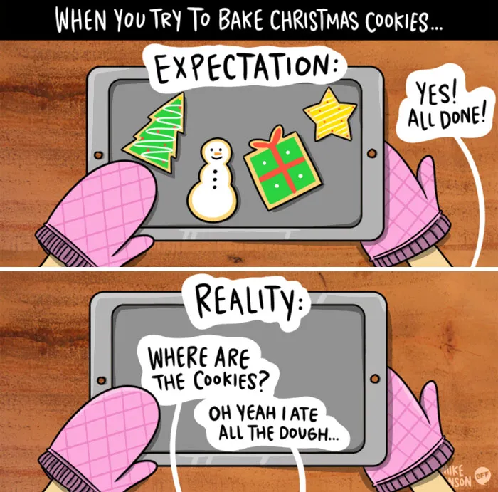Funny Christmas comic showing cookie baking expectations vs. reality.