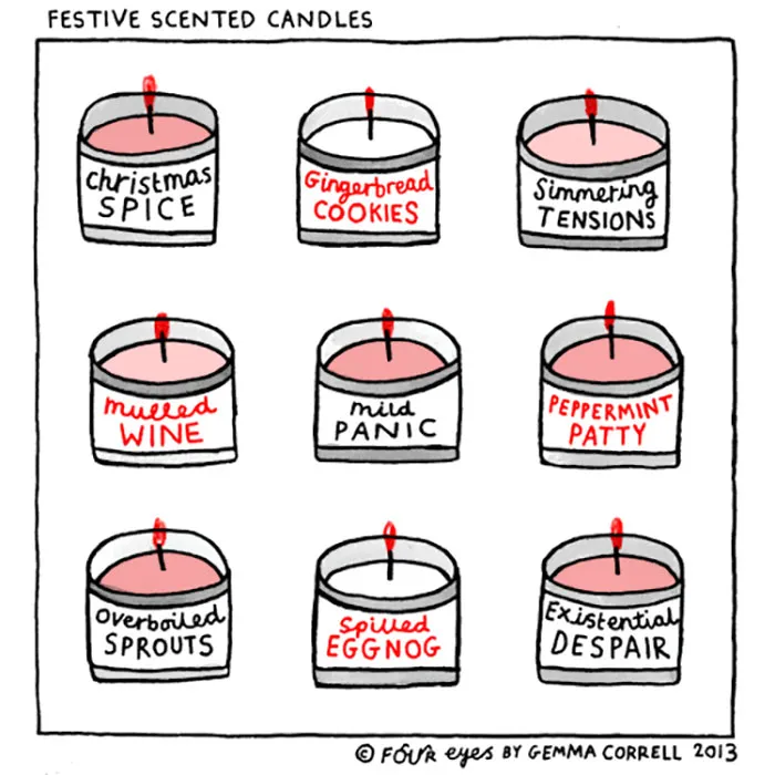 Funny Christmas comic showing festive scented candles with humorous labels like "Simmering Tensions" and "Mild Panic."