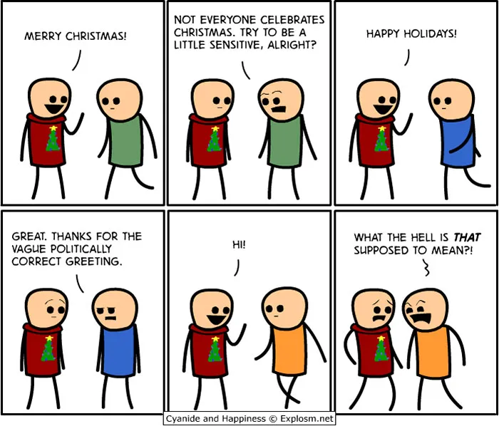 Funny Christmas comic about greetings, featuring characters discussing politically correct holiday terms.