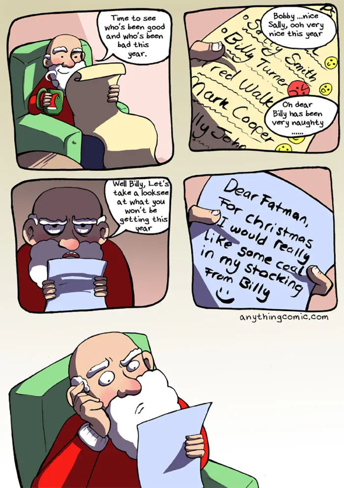 Santa reading naughty list in a funny Christmas comic about Billy's amusing request for coal.