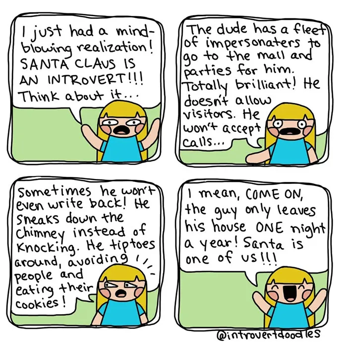 Comic strip depicting a humorous take on Santa Claus as an introvert during Christmas.