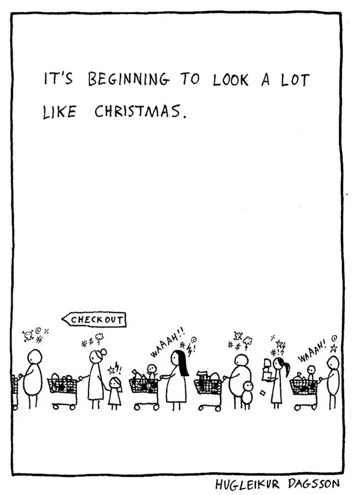 Funny Christmas comic showing a hectic checkout line with irritated shoppers and crying children.