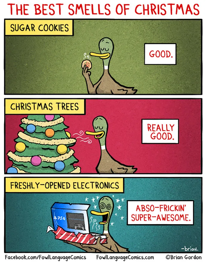 Duck enjoying funny Christmas smells: sugar cookies, Christmas trees, and freshly-opened electronics.