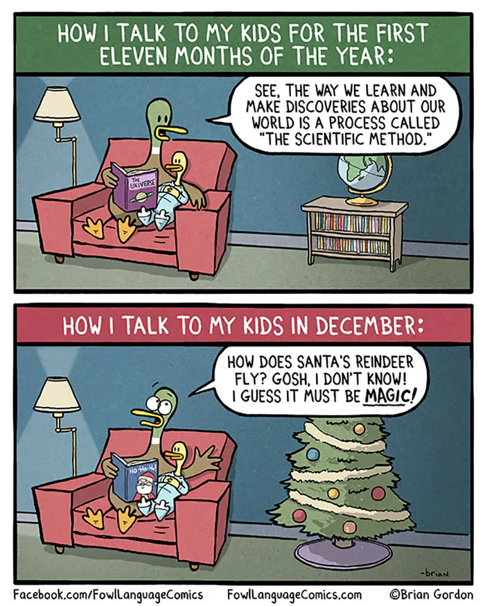 Duck parent humorously explains science and Christmas magic to ducklings in a funny comic.