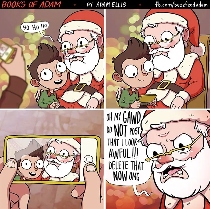 Santa and child taking selfie, Santa worried about his appearance, funny Christmas comic.