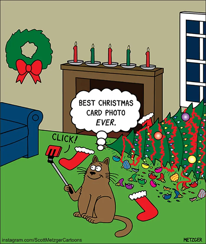 Funny Christmas comic featuring a cat taking a selfie with a messy Christmas tree.