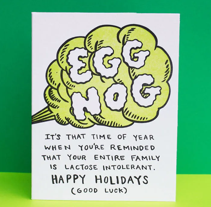 Rude Christmas card with funny egg nog illustration for twisted sense of humor, mentioning lactose intolerance.