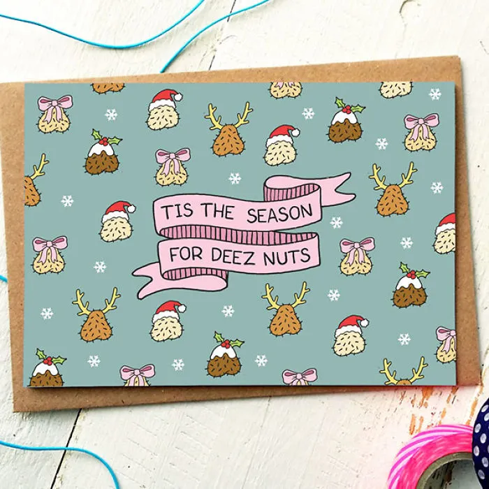 Rude Christmas card with humorous phrase and festive icons, perfect for a twisted sense of humour.