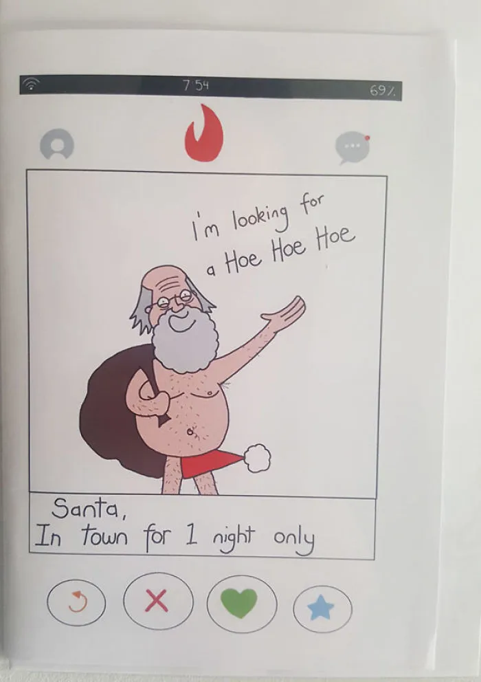 Cartoon Santa on a dating app-inspired rude Christmas card for twisted humor enthusiasts.