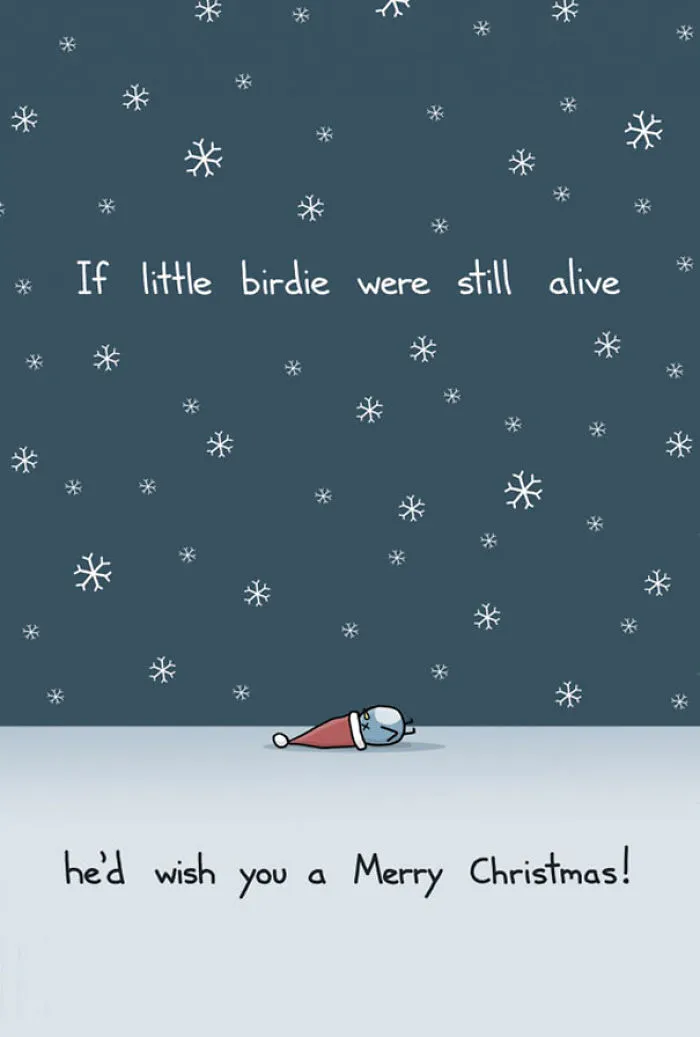 Rude Christmas card with snowflakes and a humorously morbid message from a cartoon bird in a Santa hat.