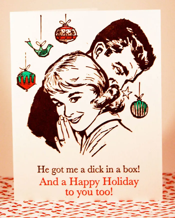 Rude Christmas card with retro couple, featuring bold text and festive decorations.
