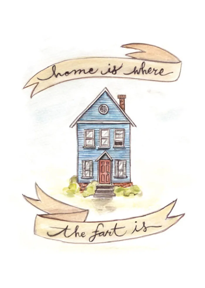 Hilariously rude Christmas card featuring a house with the text "home is where the fart is."