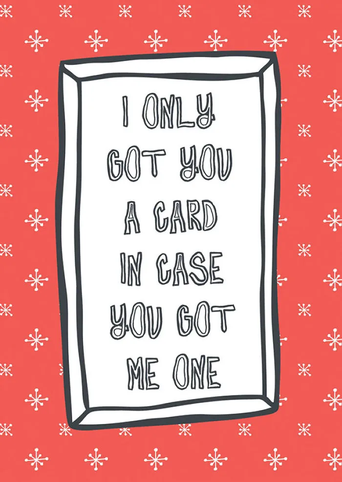 Rude Christmas card with a humorous message on a red background with snowflakes.
