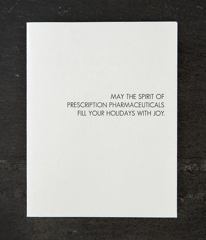 Rude Christmas card with text about prescription pharmaceuticals bringing holiday joy.