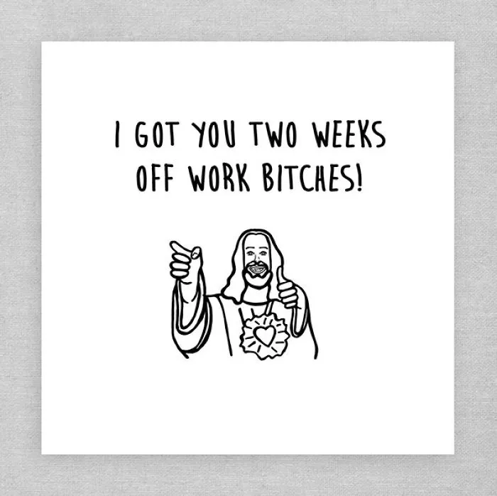 Rude Christmas card with funny Jesus illustration and cheeky message for twisted sense of humor.