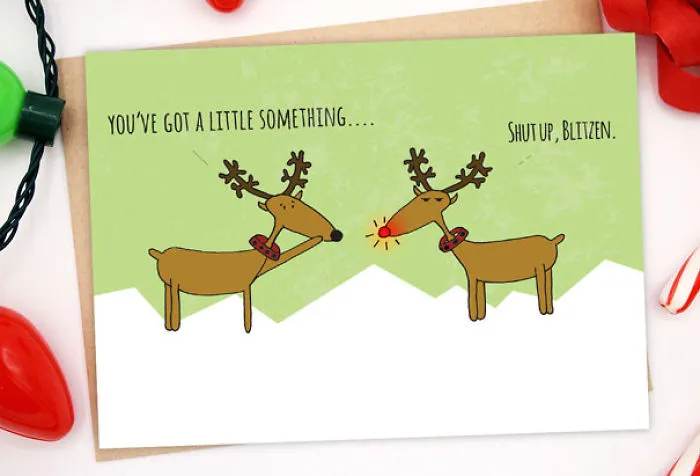 Rude Christmas card with cartoon reindeer exchanging sarcastic remarks, showcasing twisted humour.