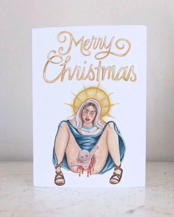 Rude Christmas card featuring humorous illustration of Mary with baby Jesus.