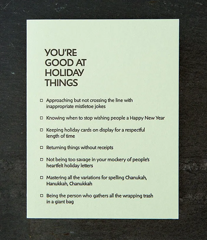 Rude Christmas card with humorous checklist about holiday etiquette.