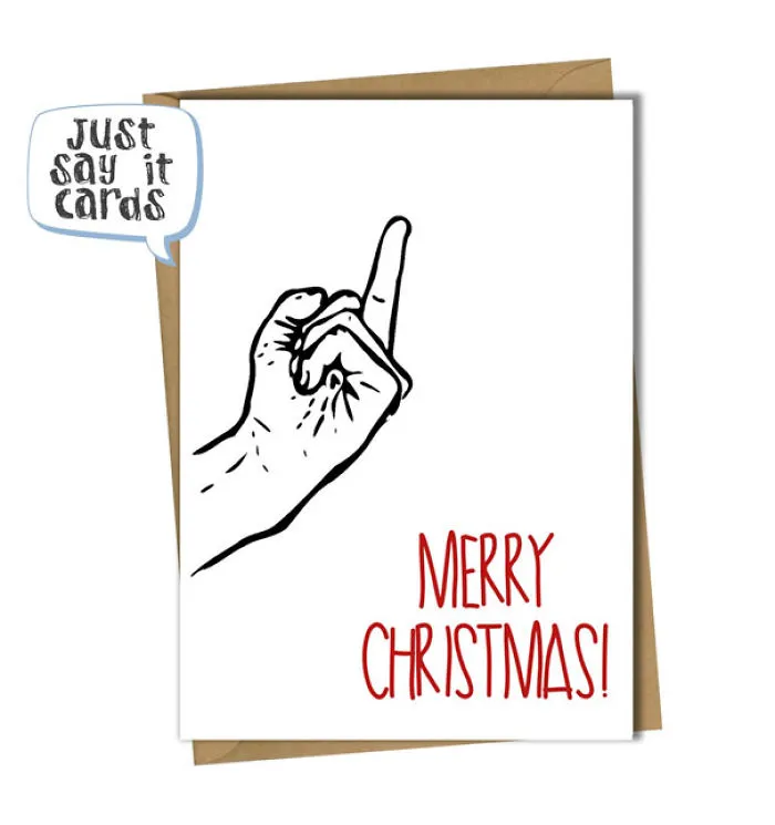 Rude Christmas card with a hand-drawn middle finger and "Merry Christmas!" in bold red text.