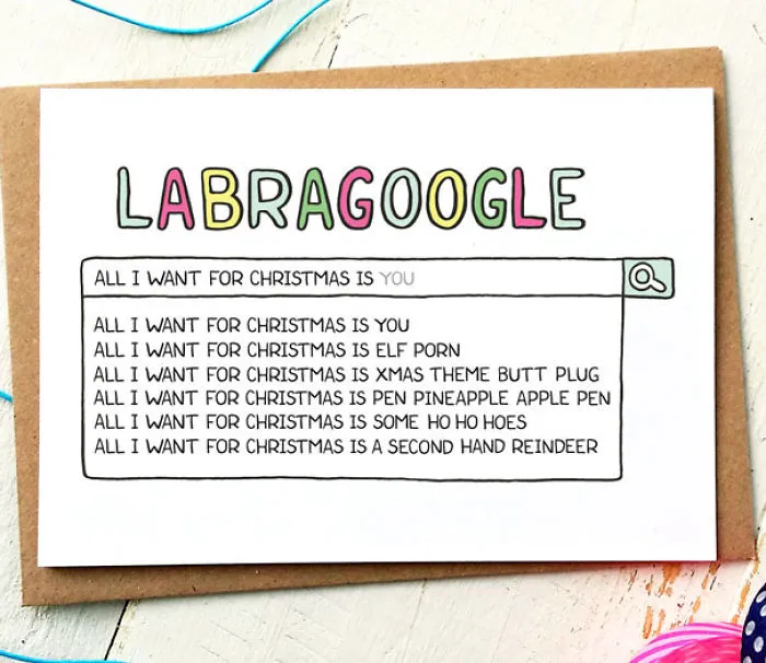 Rude Christmas card with humorous search results in LABRAGOOGLE design.
