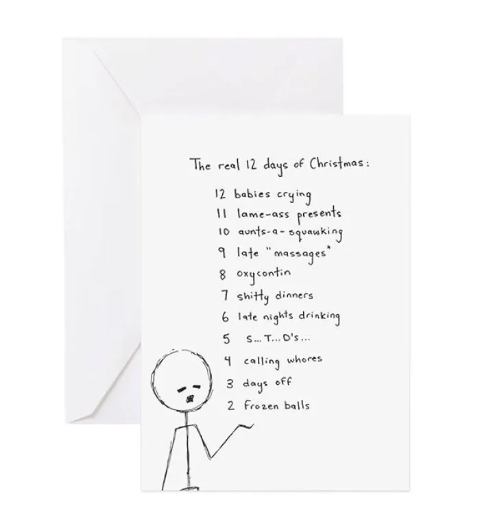 Rude Christmas card with a humorous twist listing unconventional "12 days of Christmas" items in a simple sketch style.