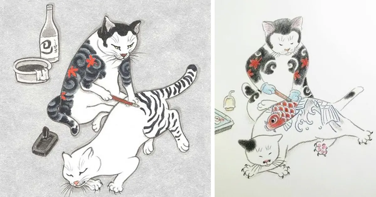 Surreales dibujos japoneses en tinta con gatos tatuándose
