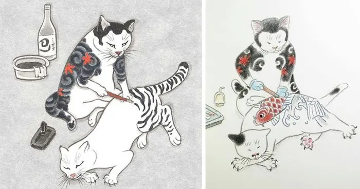 Cats Tattooing Each Other In Surreal Japanese Ink Wash Paintings