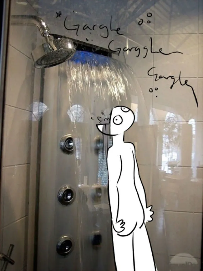 Artist Shows How Ridiculous Rich People's Showers Are By Doodling On Them