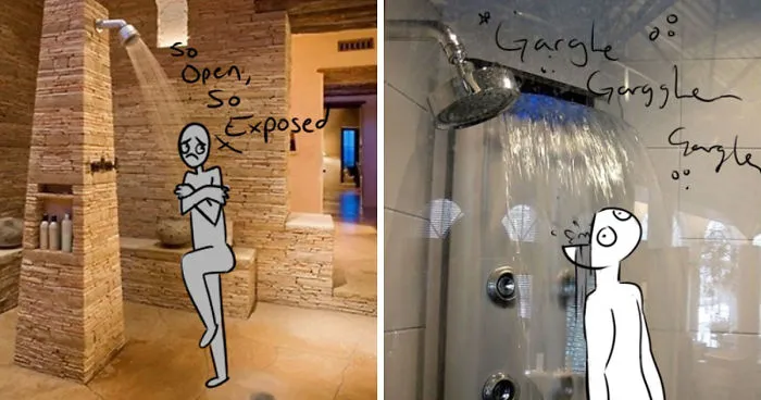 Artist Shows How Ridiculous Rich People's Showers Are By Doodling On Them